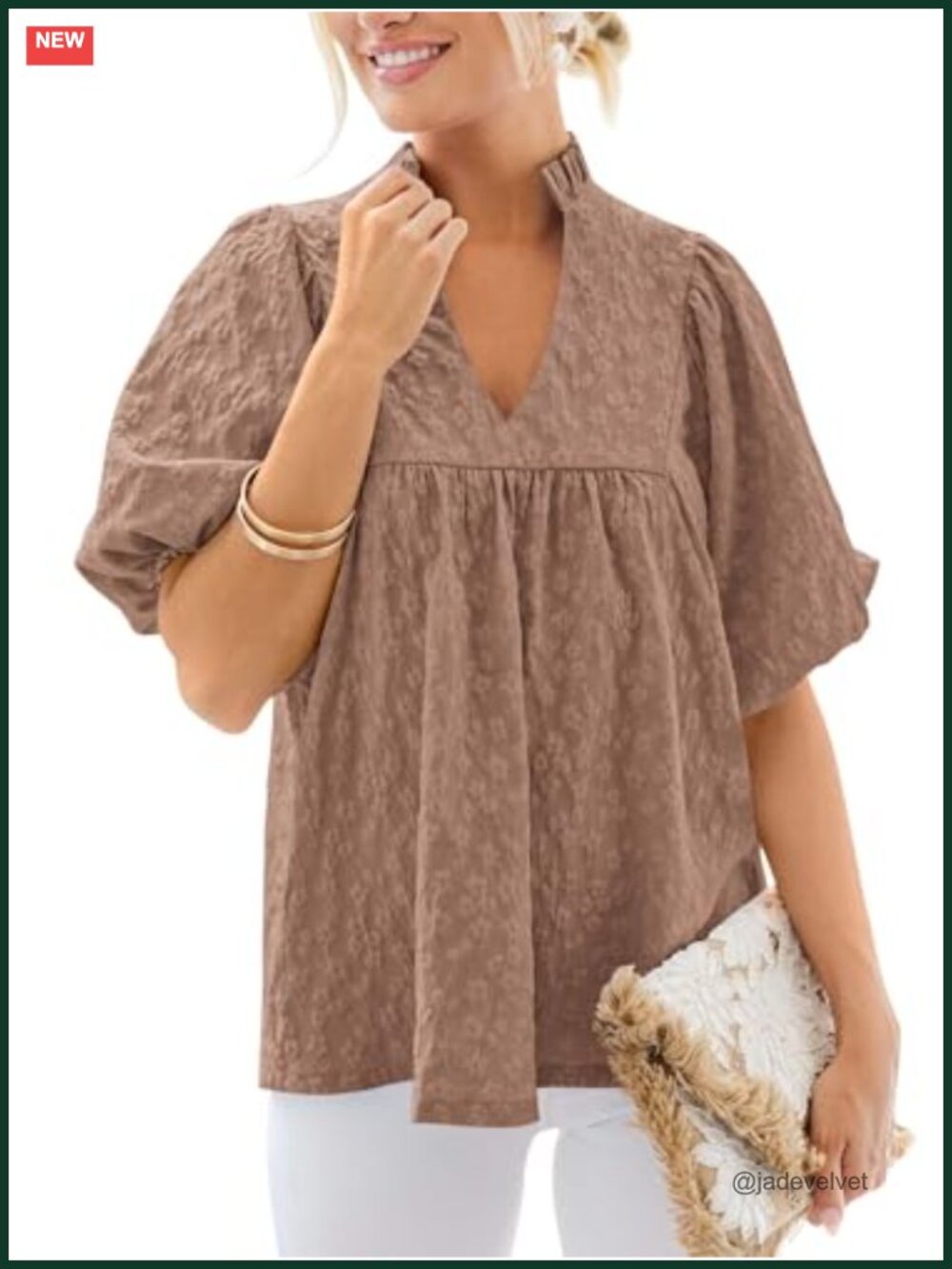 Women's Babydoll Peplum Top with Puff Short Sleeves - Ruffle V-Neck Blouse